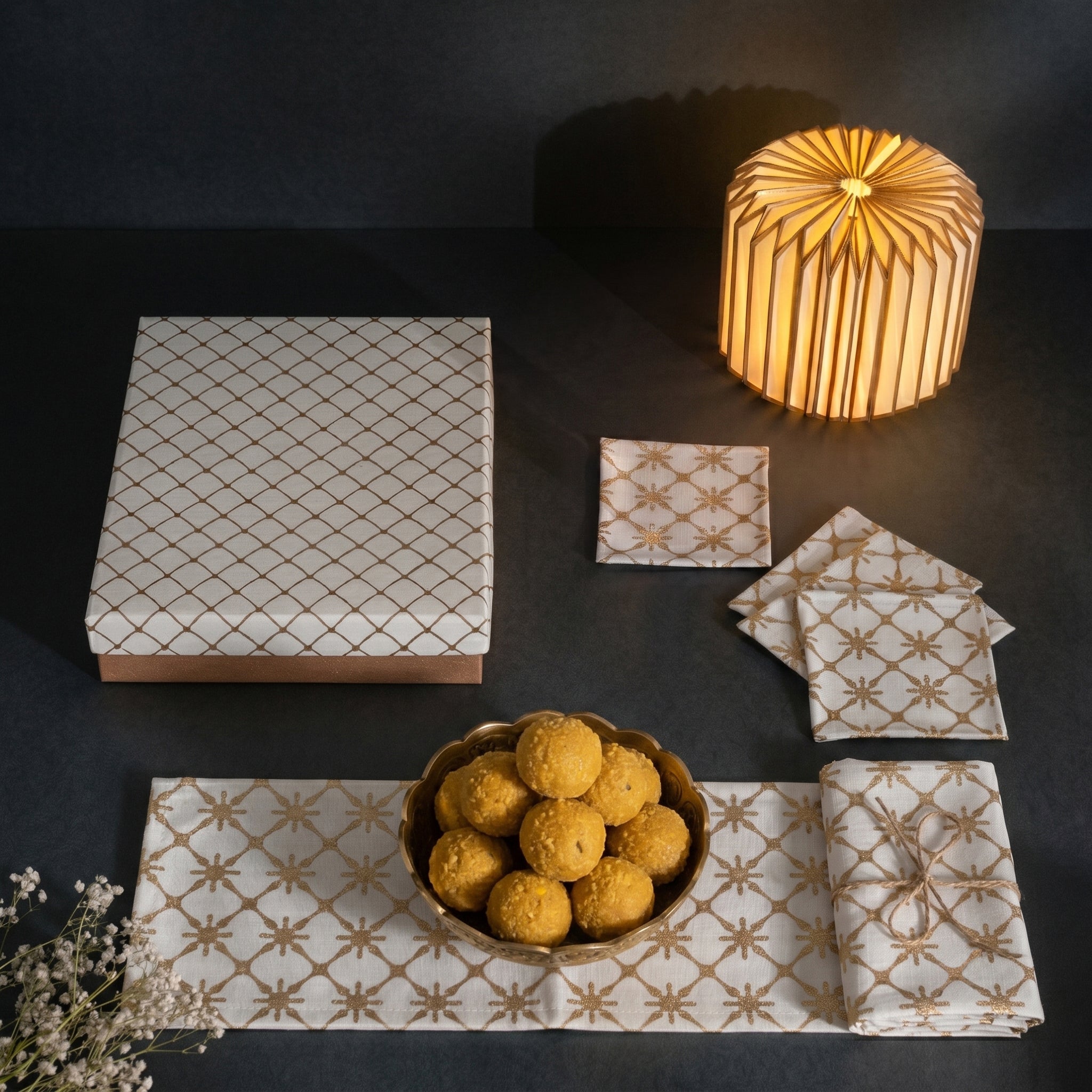 The house Warming Gift Set ( Runner , Coaster & Lamp )